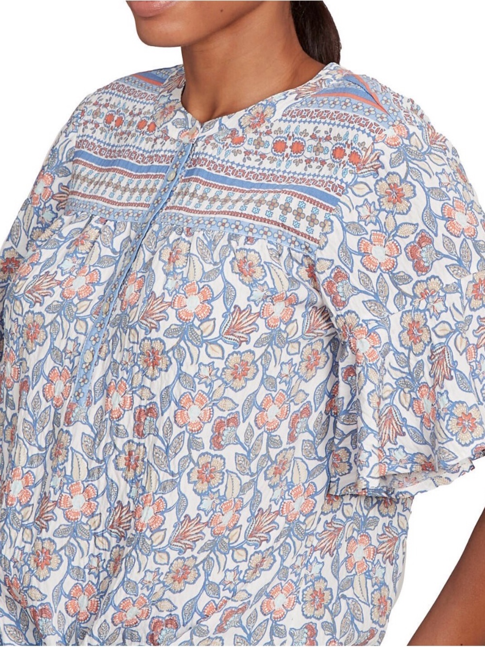 Ruby Rd. Women's Vintage Floral Tie Front Henley Tee in Blues/Orange (Size L) - Picture 5 of 11